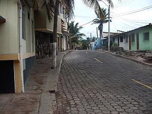 Morning street scene directly in front of the Hotel Palmeras in Puerto Ayora, Galapagos Islands.